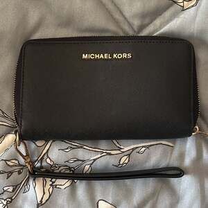 Michael Kors Black Saffiano Leather Wristlet Wallet with Gold Hardware